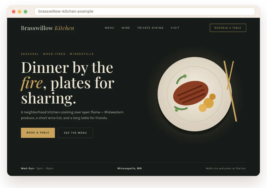 Concept homepage design by SiteHearth for a fictional wood-fired restaurant (fictional business, not a real client)