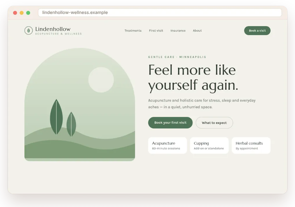 Concept homepage design by SiteHearth for a fictional acupuncture clinic (fictional business, not a real client)