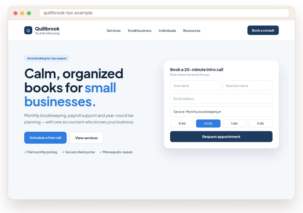 Concept homepage design by SiteHearth for a fictional tax and bookkeeping office (fictional business, not a real client)