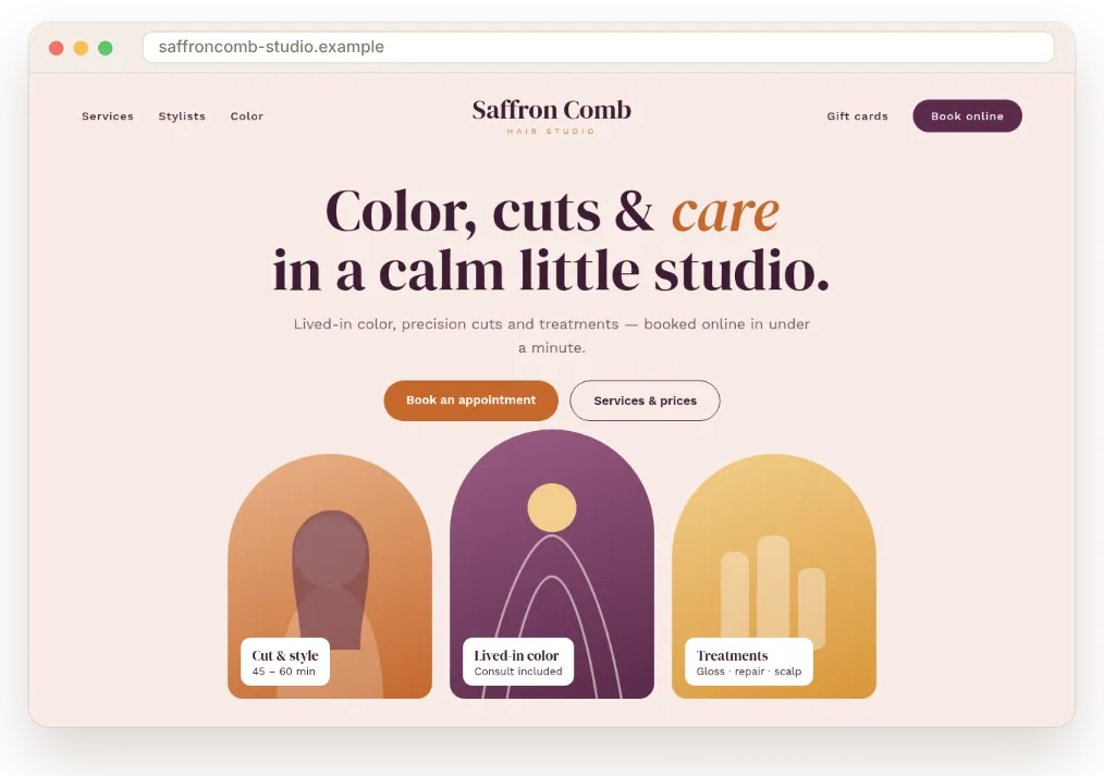 Concept homepage design by SiteHearth for a fictional hair salon (fictional business, not a real client)